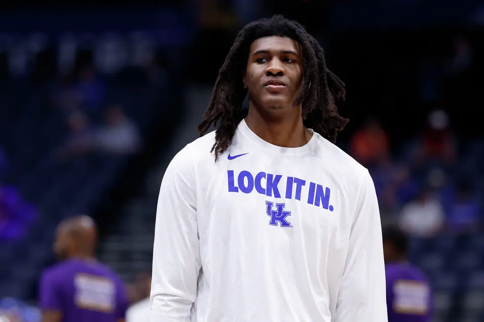 Jayden Quaintance #21 of the Kentucky Wildcats looks on prior to the first round of the 2026 SEC Men's Basketball Tournament against the LSU Tigers at Bridgestone Arena on March 11, 2026 in Nashville, Tennessee. (Photo by Johnnie Izquierdo/Getty Images)