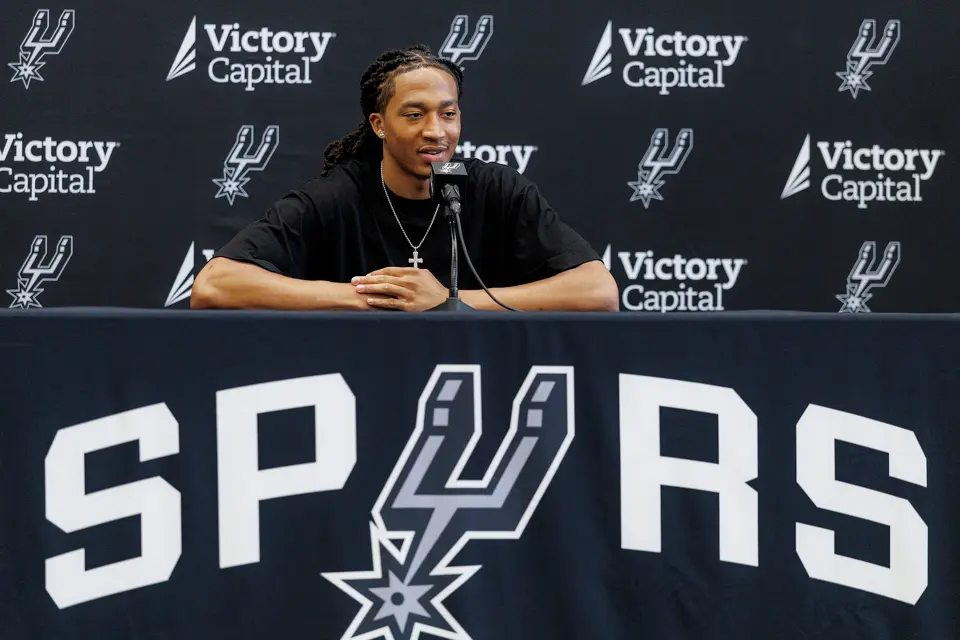 San Antonio Spurs rookie Maliq Brown answers questions during a news conference at Victory Capital Performance Center in San Antonio, Thursday, June 25, 2026.
