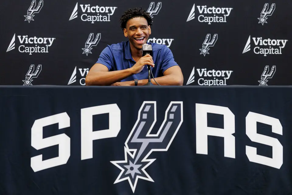 San Antonio Spurs rookie Tarris Reed Jr. answers questions during a news conference at Victory Capital Performance Center in San Antonio, Thursday, June 25, 2026.