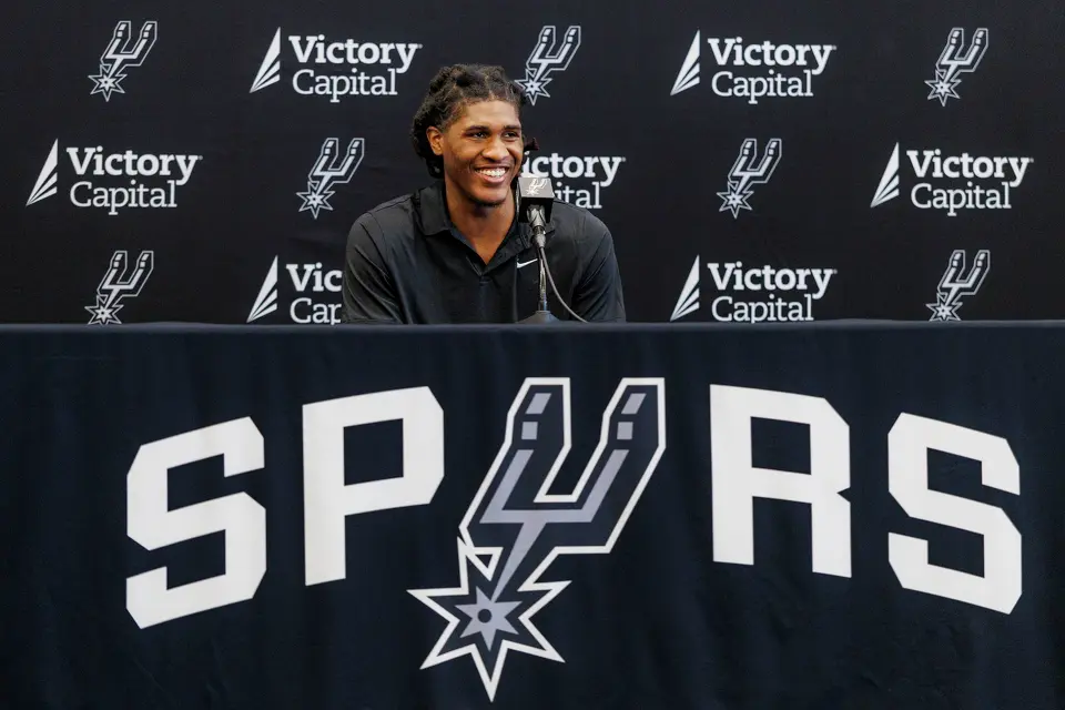 San Antonio Spurs rookie Jayden Quaintance answers questions during a news conference at Victory Capital Performance Center in San Antonio, Thursday, June 25, 2026.