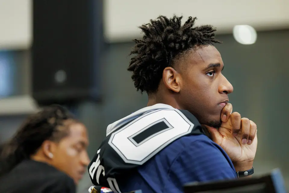 San Antonio Spurs rookie Tarris Reed Jr. attends an introductory news conference at Victory Capital Performance Center in San Antonio, Thursday, June 25, 2026.