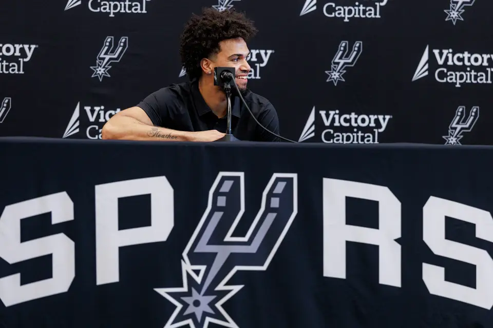 San Antonio Spurs rookie Ja’Kobi Gillespie reacts to a question during a news conference at Victory Capital Performance Center in San Antonio, Thursday, June 25, 2026.