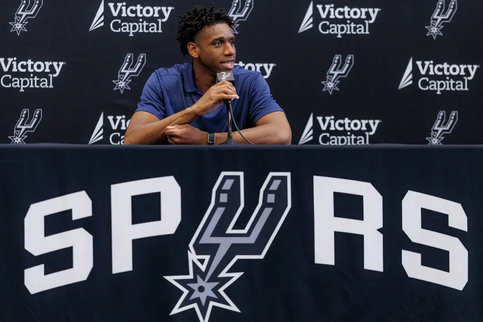 San Antonio Spurs rookie Tarris Reed Jr. answers questions during a news conference at Victory Capital Performance Center in San Antonio, Thursday, June 25, 2026.