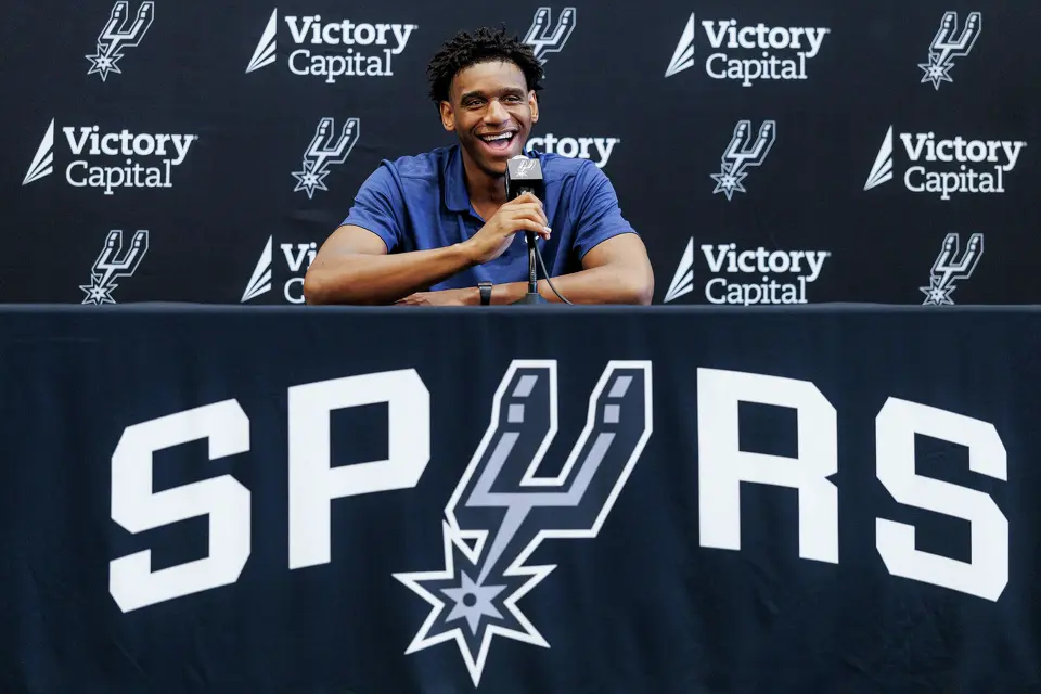 San Antonio Spurs rookie Tarris Reed Jr. answers questions during a news conference at Victory Capital Performance Center in San Antonio, Thursday, June 25, 2026.