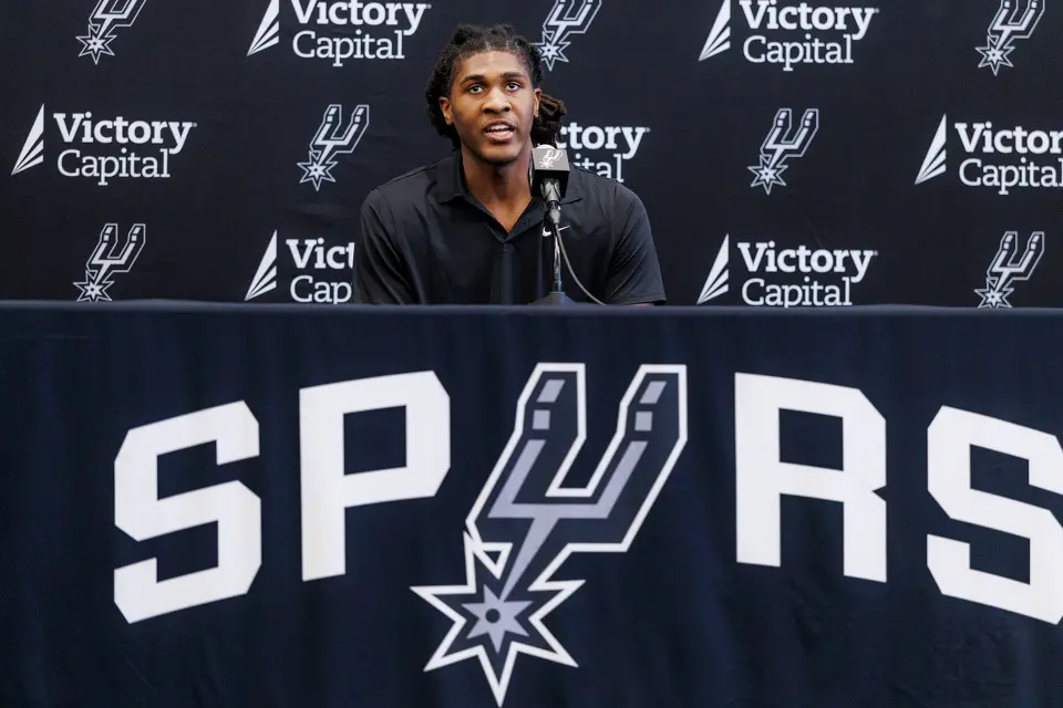 San Antonio Spurs rookie Jayden Quaintance answers questions during a news conference at Victory Capital Performance Center in San Antonio, Thursday, June 25, 2026.