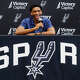 San Antonio Spurs rookie Tarris Reed Jr. answers questions during a news conference at Victory Capital Performance Center in San Antonio, Thursday, June 25, 2026.
