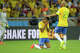 Brazil's Luiz Gustavo and Maicon react after a 7-1 loss to Germany in the semifinals of the 2014 World Cup, a low point in Brazil's soccer history.