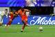 Congo's Yoane Wissa (20) kicks for a penalty kick goal during the World Cup Group K soccer match between DR Congo and Uzbekistan in Atlanta, Saturday, June 27, 2026.