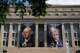 Banners, one of President George Washington that reads "America's First," left, and another of President Donald Trump that reads, "America First," are pictured at the Department of the Interior, Thursday, June 25, 2026, in Washington.