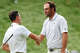 CROMWELL, CONNECTICUT - JUNE 27: Viktor Hovland of Norway (L) and Scottie Scheffler of the United States shake hands on the 18th green after finishing their round during the third round of the Travelers Championship 2026.
