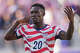 The United States’ Folarin Balogun reacts after scoring his team’s first goal during the World Cup round of 32 soccer match between the United States and Bosnia in Santa Clara, Calif., near San Francisco, Wednesday, July 1, 2026.