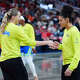 Dallas Wings guard Paige Bueckers (5) on left high fives guard Azzi Fudd (35) on right during warms ups before the game against the Indiana Fever on May 9, 2026, at Gainbridge Fieldhouse in Indianapolis, Indiana.(Photo by Brian Spurlock/Icon Sportswire via Getty Images)