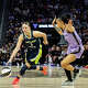SAN FRANCISCO, CA - JUNE 17: Paige Bueckers #5 of the Dallas Wings dribbles against Gabby Williams #1 of the Golden State Valkyries during a WNBA Commissioner's Cup game on June 17, 2026 at Chase Center in San Francisco, CA. (Photo by Matthew Huang/Icon Sportswire via Getty Images)