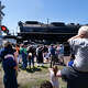 People gather along the railroad tracks to watch as Union Pacific’s Big Boy No. 4014 in Tama, Iowa on June 1, 2026.