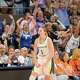 Dallas Wings star Paige Bueckers (5) celebrates after hitting a basket and drawing a foul during a WNBA game against the Connecticut Sun at PeoplesBank Arena in Hartford, Conn.,non Thursday July 2, 2026.