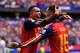 Spain's Pedro Porro, left, celebrates scoring his side's second goal against Austria with teammates Alex Baena during the World Cup round of 32 soccer match in Inglewood, Calif., near Los Angeles, Thursday, July 2, 2026. (AP Photo/Mark J. Terrill)