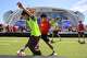 Young fans play soccer outside at the plaza ahead of a FIFA World Cup Round of 32 match against Australia, on Friday, July 3, 2026 , at Dallas Stadium in Arlington.