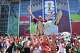 A Egypt fan cheers as he gets tossed on the air ahead of a FIFA World Cup Round of 32 match against Australia, on Friday, July 3, 2026 , at Dallas Stadium in Arlington.