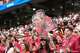 Fans of Portugal wait for the kickoff of the World Cup Group K soccer match between Portugal and Uzbekistan in Houston, Tuesday, June 23, 2026. (AP Photo/Eric Gay)