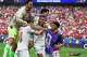 Morocco's Azzedine Ounahi, center, is congratulated by teammates after scoring his side's 2nd goal against Canada during the World Cup round of 16 soccer match in Houston, Saturday, July 4, 2026.