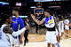 Warriors rookie Yaxel Lendeborg, right, celebrates after a victory over the Spurs in a California Classic summer league game at Chase Center on Sunday.