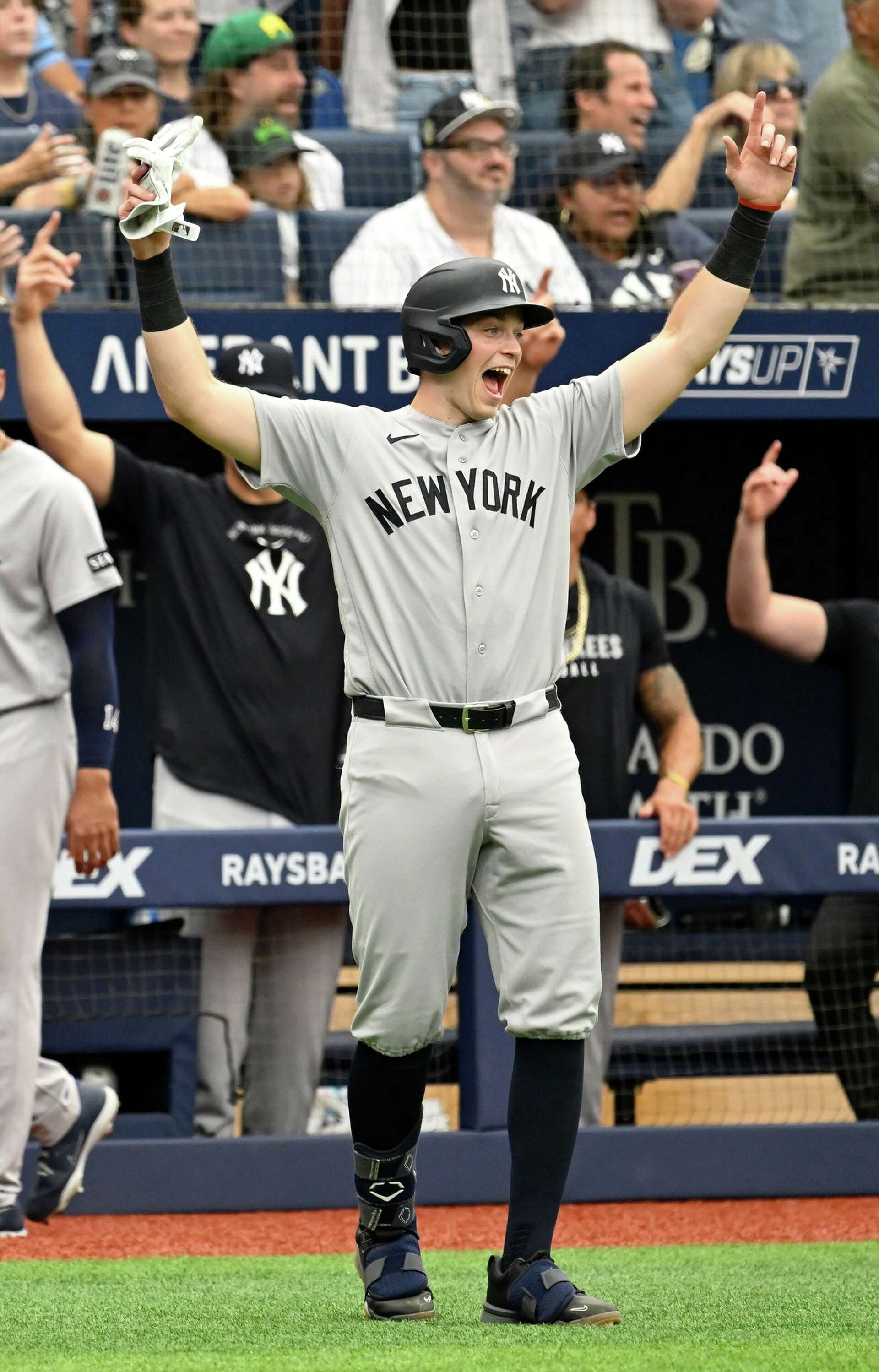 Ben Rice celebrating for the Yankees against Tampa Bay