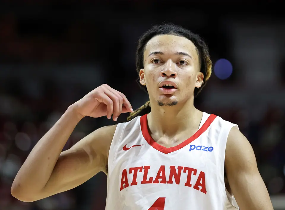 Kingston Flemings #4 of the Atlanta Hawks walks on the court during a break in the second half of a 2026 NBA Summer League game against the San Antonio Spurs at the Thomas & Mack Center on July 09, 2026 in Las Vegas, Nevada.