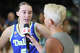 DALLAS, TEXAS - JULY 12: Paige Bueckers #5 of the Dallas Wings is interviewed after the game against the Chicago Sky at American Airlines Center.