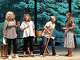 Cathy Annulli, Missy Cowan, Amanda Glover, and Maurita Gregor (left to right) in rehearsal for "Babette’s Feast" on the outdoor stage at the Abbey of Regina Laudis. The theater is presenting its first outdoor performance since the pandemic.