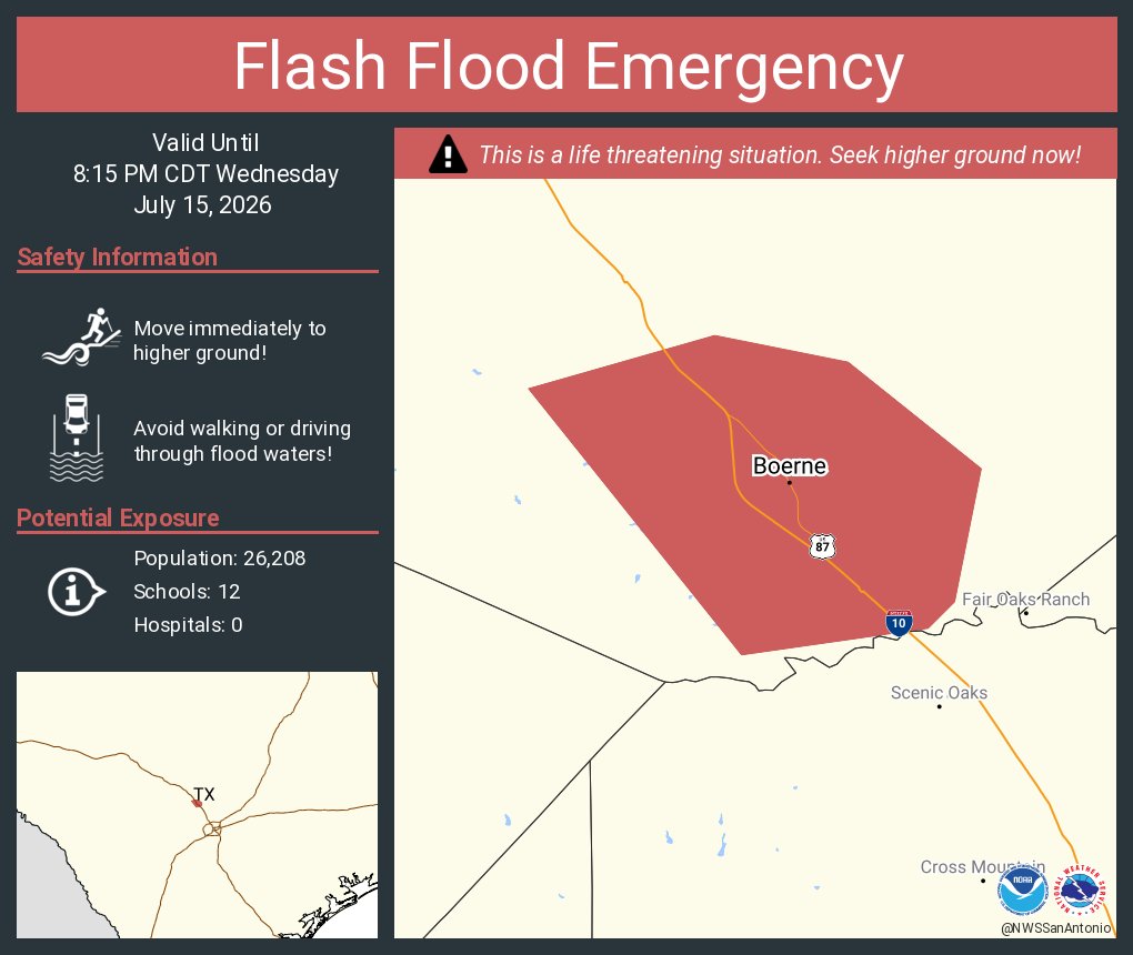 Flash flood emergency for Boerne: Seek high ground immediately