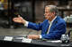 Texas Governor Greg Abbott speaks about catastrophic flooding taking place in the Texas Hill Country while answering questions from the press at a conference to announce a $3.2 billion shipyard in Brownsville, held at the Saronic Technologies headquarters in Austin, July 16 2026.