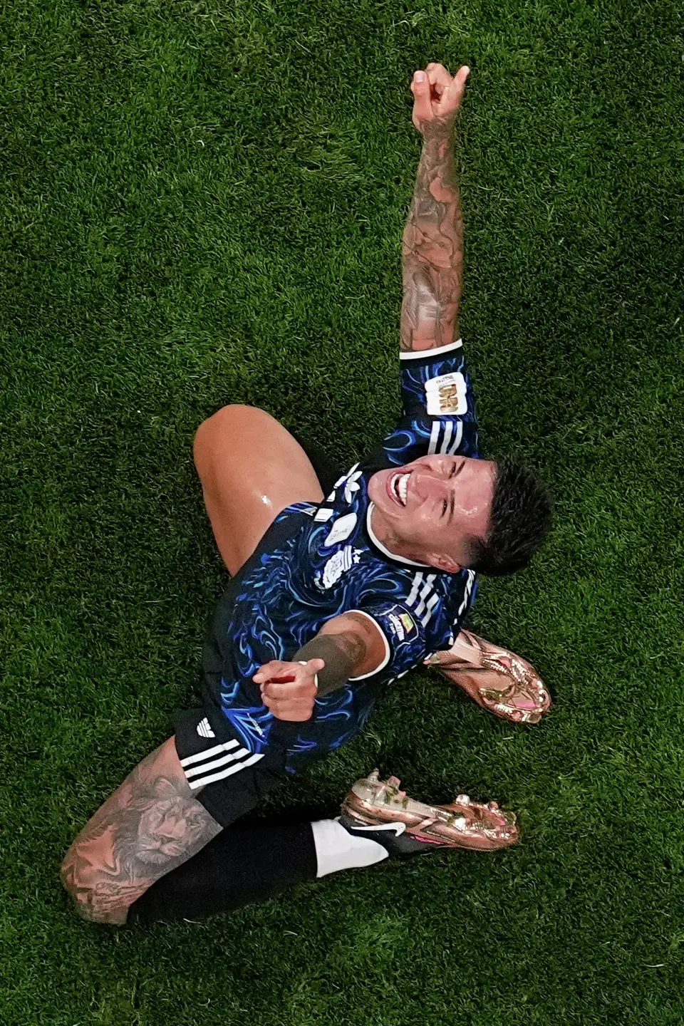 Argentina's Enzo Fernández reacts after Argentina won the World Cup semifinal soccer match between England and Argentina in Atlanta, Wednesday, July 15, 2026. (AP Photo/George Walker IV)