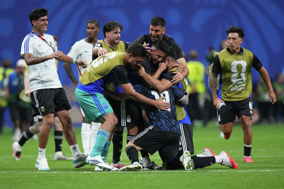 Argentina's Lionel Messi (10) celebrates with teammates after their win in the World Cup semifinal soccer match between England and Argentina in Atlanta, Wednesday, July 15, 2026. (AP Photo/Jacob Kupferman)
