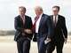President Donald Trump, center, greets Texas Attorney General Ken Paxton as Lt. Gov. Dan Patrick follows at Austin-Bergstrom International Airport on Nov. 20, 2019. Paxton is now running for U.S. Senate against Democrat James Talarico in a key race Republicans hope to boost with their September midterm convention in Dallas.
