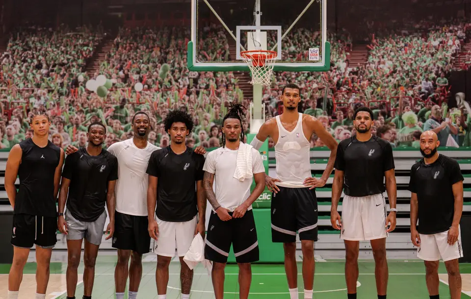 Spurs teammates Carter Bryant, from left, De'Aaron Fox, Harrison Barnes, Dylan Harper, Stephon Castle, Victor Wembanyama, Tobias Harris and Jordan McLaughlin at a practice at Palais des Sports Maurice Thorez in Nanterre, France. The group is working out together this week in Wembanyama's home country.