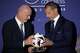 FILE - UEFA President Aleksander Ceferin, right, and FIFA President Gianni Infantino pose during the 48th UEFA congress in Paris, Thursday, Feb. 8, 2024.