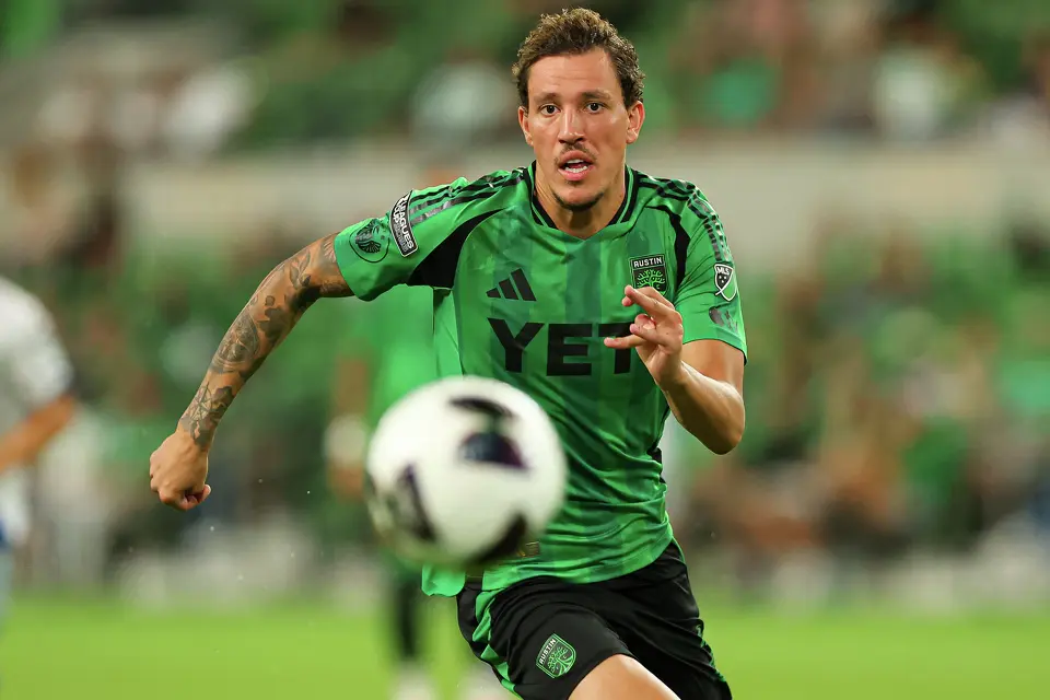 Austin FC player Guilherme Biro chasing a loose ball during a Leagues Cup match against Puebla at Q2 Stadium