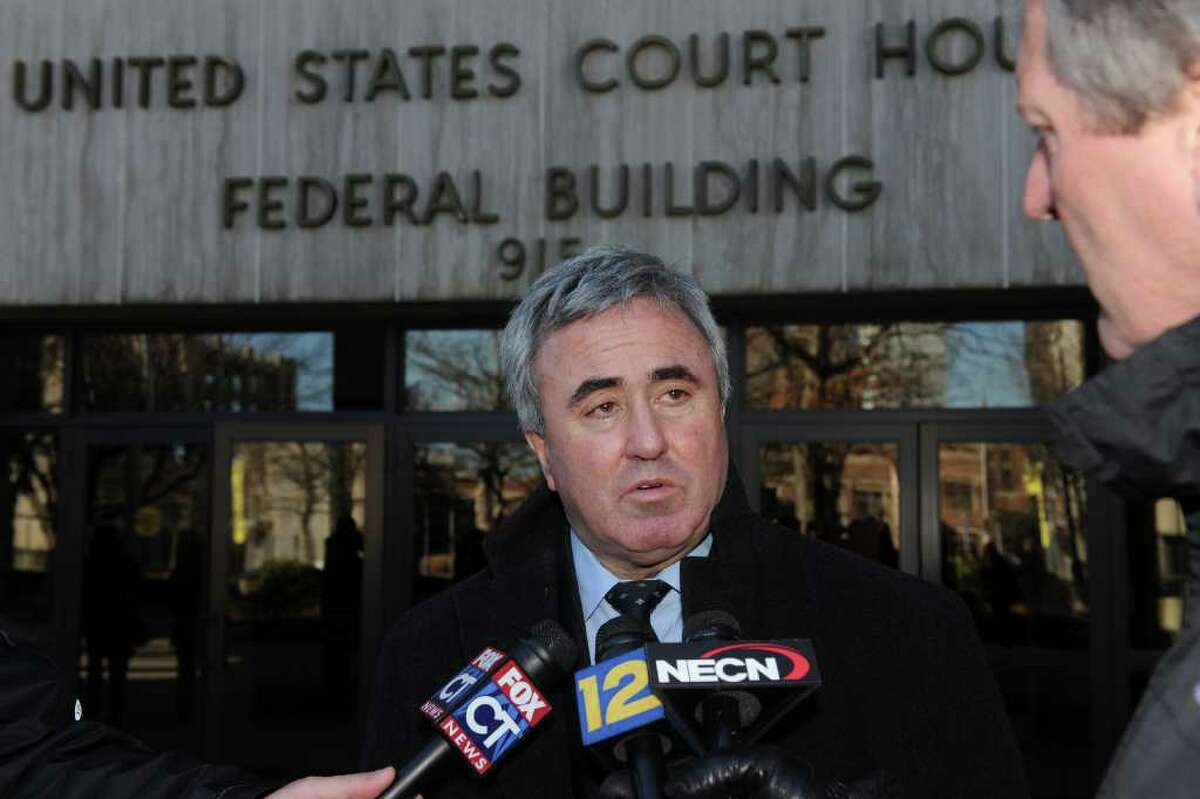 Attorney Michael "Mickey" Sherman speaks in front of U.S. District Court in Bridgeport, Conn. Dec. 22nd, 2010. Sherman was sentenced to a year and a day in prison for failing to pay income tax. He is scheduled to report to prison in March.