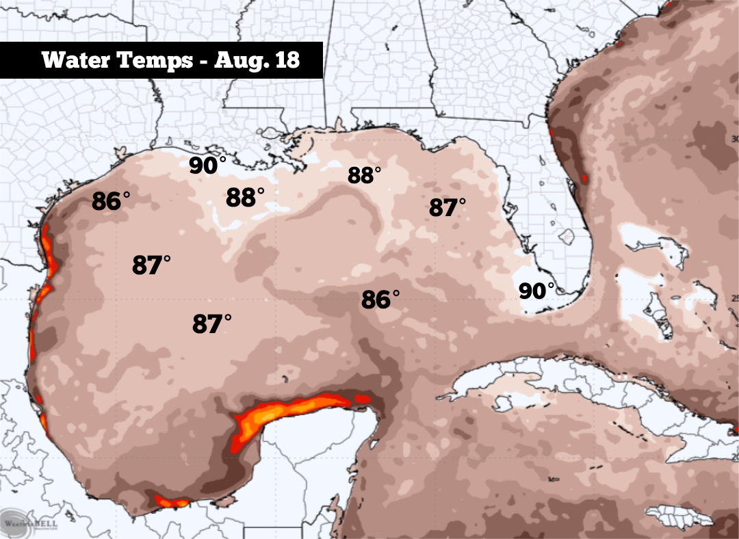 Gulf water temps have risen into the upper 80s to close to 90 degrees in spots, which can act as extra fuel for tropical systems.