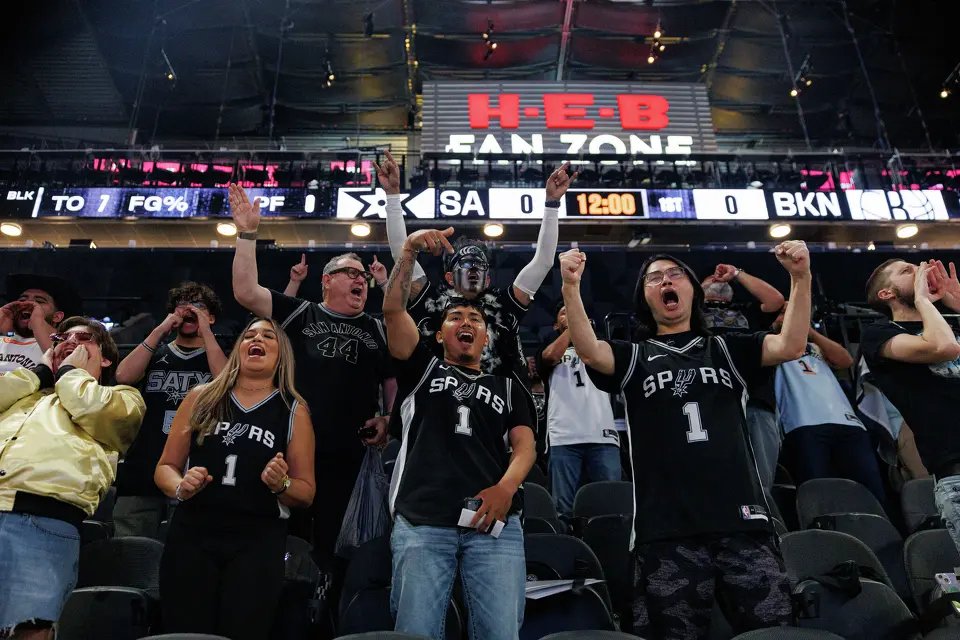 The Spurs’ new Jackals fan section begins cheering as they get ready for the team’s first home game of the season against the Brooklyn Nets at Frost Bank Center in San Antonio, Sunday, Oct. 26, 2025.