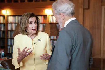 Rep. Nancy Pelosi talks with UC Berkeley Chancellor Rich Lyons on Saturday, June 27, 2026 in Berkeley, CA.