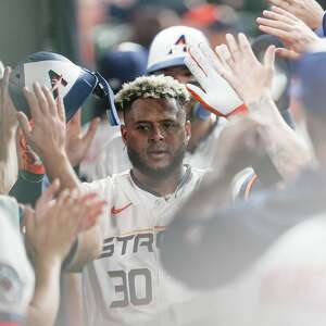 Nelson Velazquez hitting a massive home run for the Houston Astros during his debut game