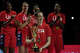 SYDNEY, AUSTRALIA - OCTOBER 01: United States' Breanna Stewart holds the trophy in front of team-mates during the 2022 FIBA Women's Basketball World Cup Final match between USA and China at Sydney Superdome, on October 1, 2022, in Sydney, Australia. (Photo by Steve Christo - Corbis/Corbis via Getty Images)