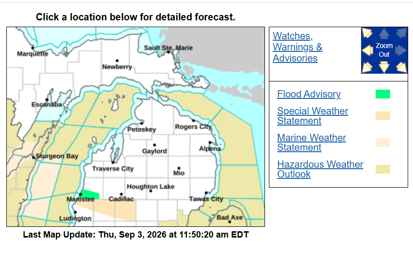 Heavy rain prompts flood advisory in Manistee County