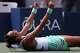 Zheng Qinwen, of China, celebrates after she won her match against Madison Keys, of the United States, during the third round of the U.S. Open tennis championships Saturday, Sept. 5, 2026, in New York.
