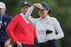 Rose Zhang, of the United States, right, watches her shot from the 2nd hole during a practice round for the Solheim Cup at the Bernardus Golf course in Vught, Netherlands, Tuesday, Sept. 8, 2026.