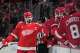 FILE - Detroit Red Wings center Dylan Larkin celebrates his goal against the Columbus Blue Jackets in the first period of an NHL hockey game in Detroit, April 7, 2026.