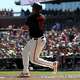 San Francisco Giants' Rafael Devers (16) watches his two-run home run during the first inning of a baseball game against the San Diego Padres in San Francisco, Saturday, Sept. 12, 2026.