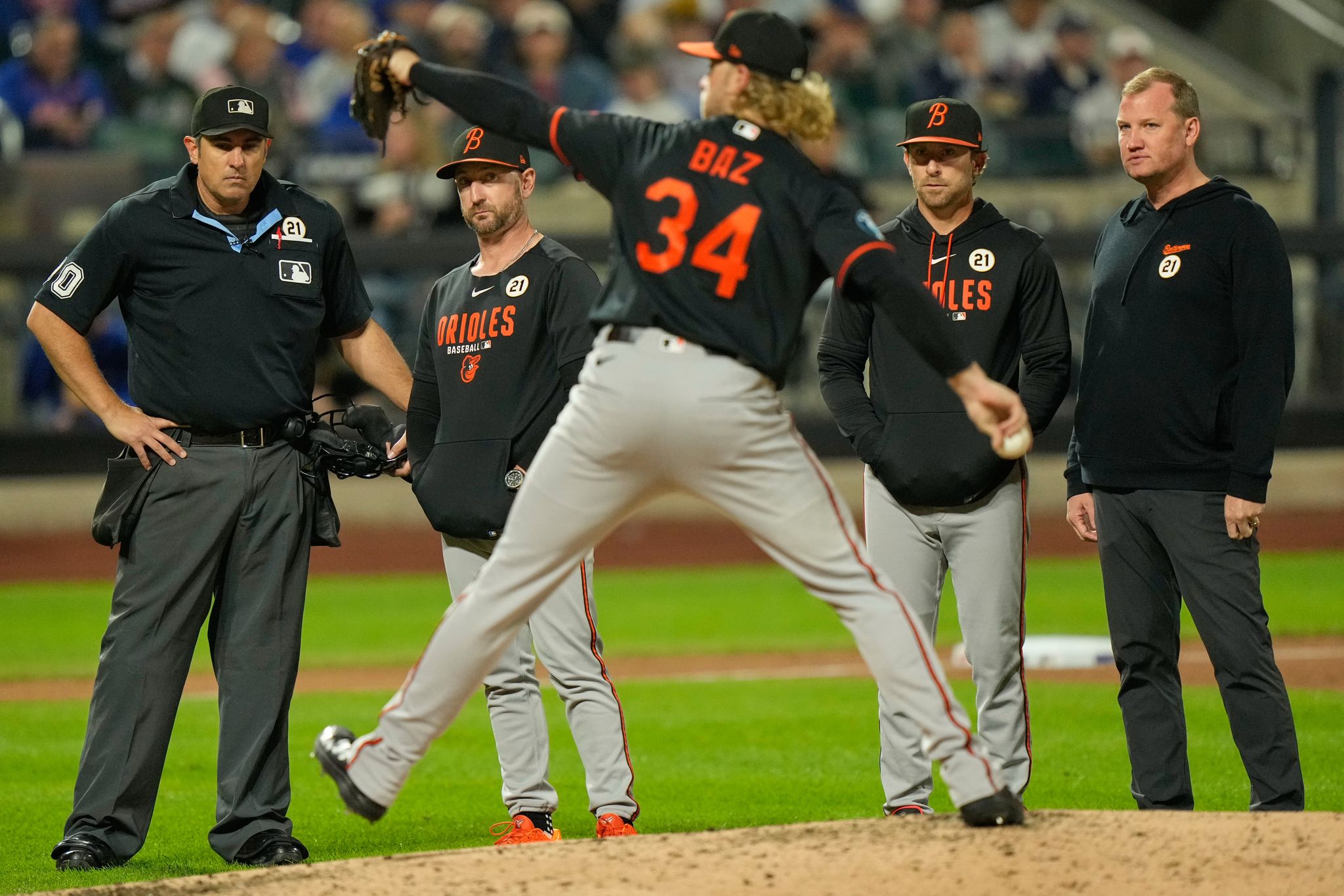 Beach Ball Rodeo Orioles pitcher Shane Baz leaves start after getting hit in arm by line ...