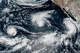 From left, this satellite image shows Hurricane Lowell, Hurricane Karina and Tropical Storm Marie in the Pacific Ocean on Sept. 2, 2026.